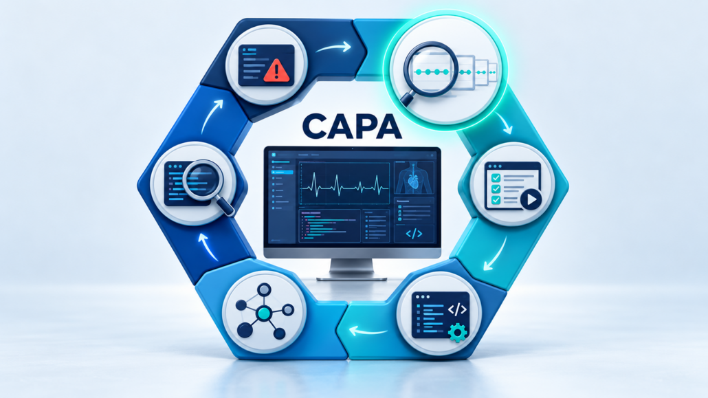 CAPA feedback loop surrounding medical software, with a highlighted magnifying glass examining evidence of sustained effectiveness.