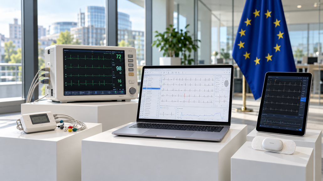 Cardiovascular monitoring devices and ECG analysis software displayed on white stands, with a European Union flag in the background.