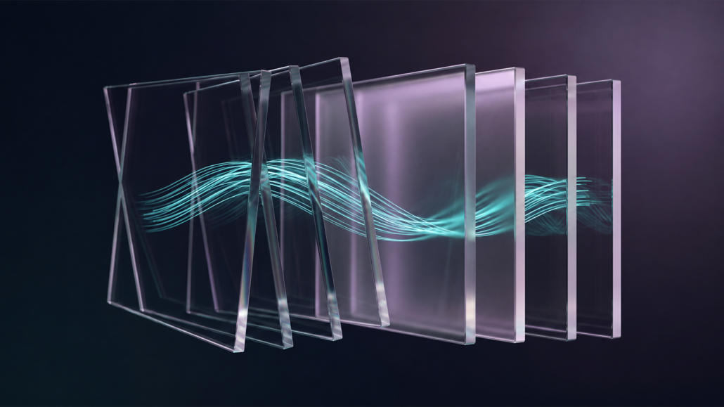Luminous teal pathways pass through glass layers shifting into alignment, illustrating controlled software change.