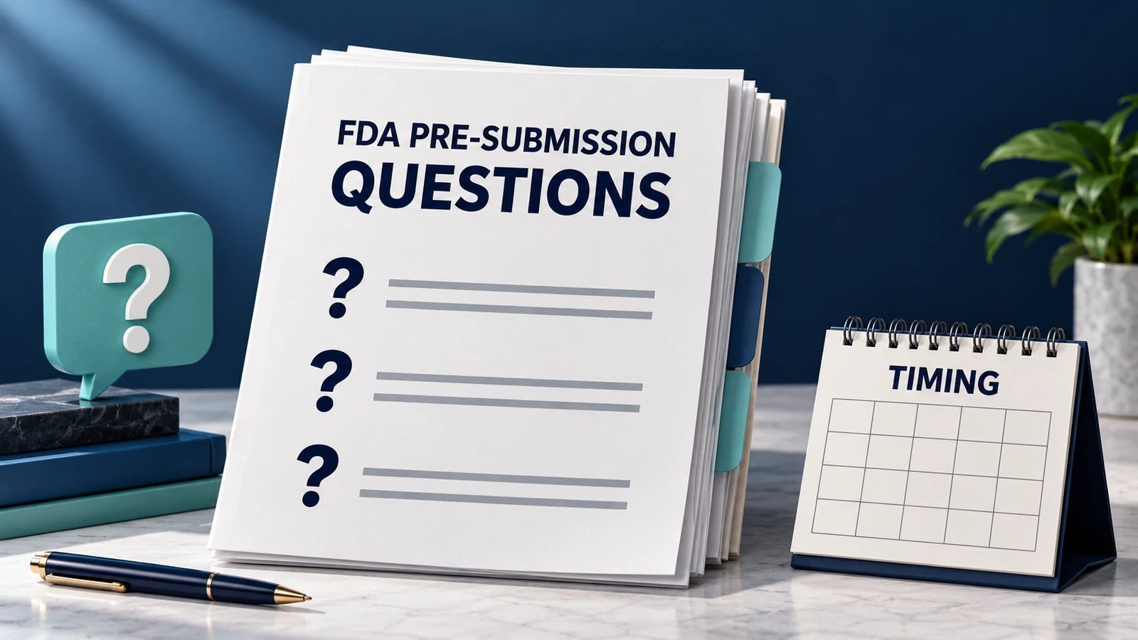 FDA Pre-Submission dossier with three question prompts beside a calendar labeled Timing.